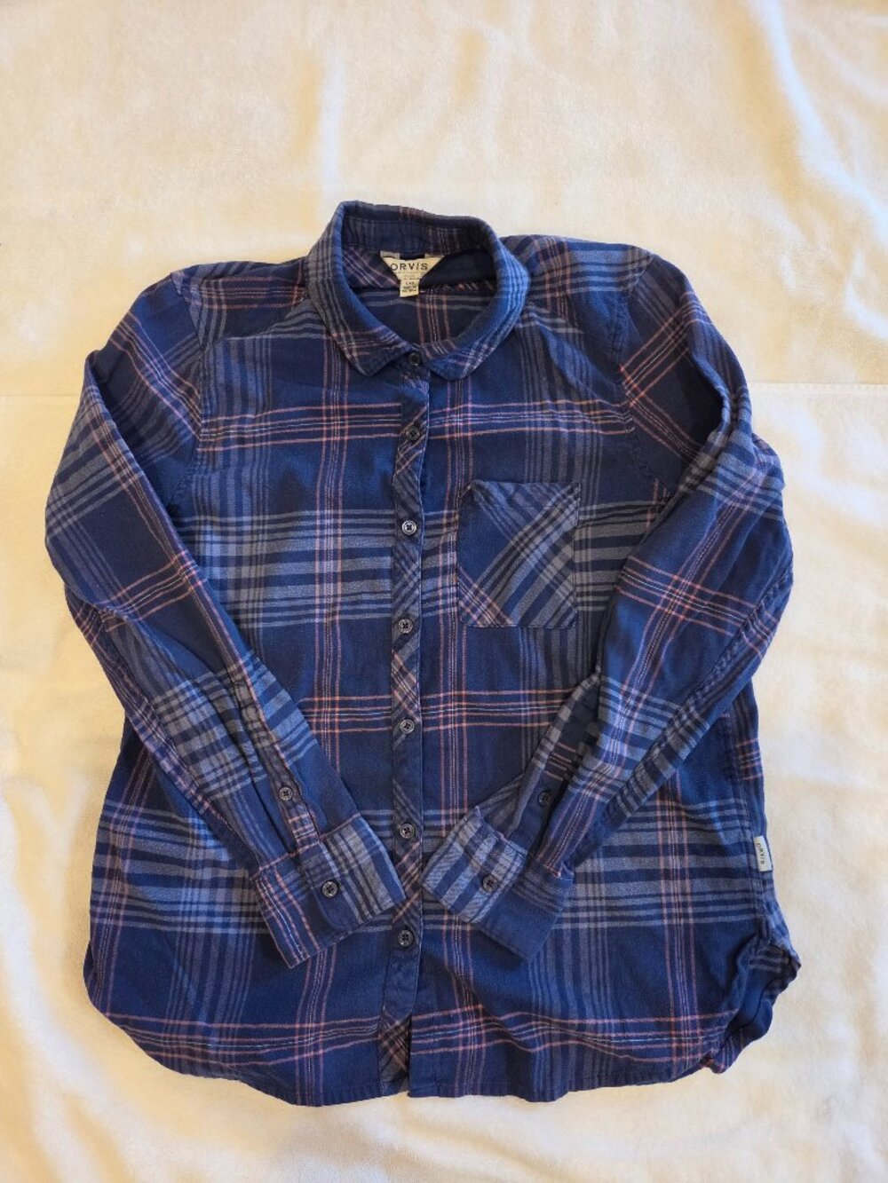 Orvis Women's Shirt Size Large Button Up Blue and Pink Plaid Long Sleeve